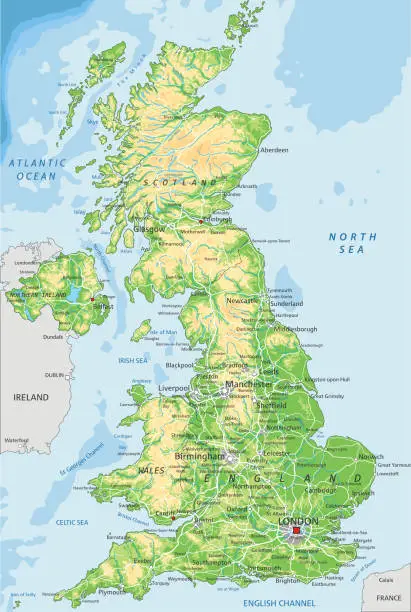 Vector illustration of High detailed United Kingdom physical map with labeling.