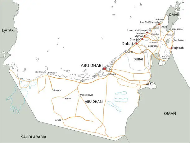 Vector illustration of High detailed United Arab Emirates road map with labeling.