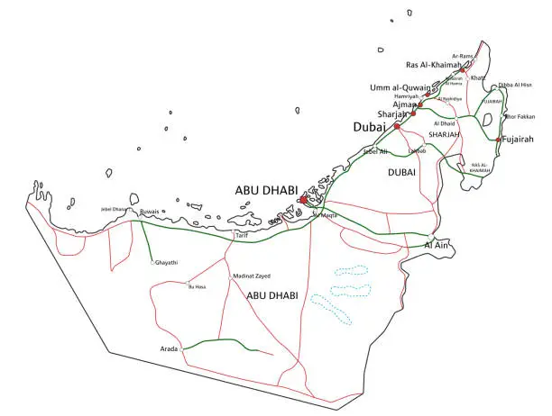 Vector illustration of United Arab Emirates road and highway map. Vector illustration.