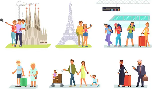 Vector illustration of Set of tourists with suitcases and cameras.