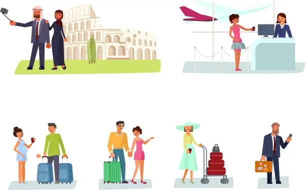Vector illustration of Set of tourists with suitcases and cameras.