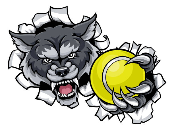 늑대 테니스 마스코트 속보 배경 - wolf mascot vector gray wolf stock illustrations