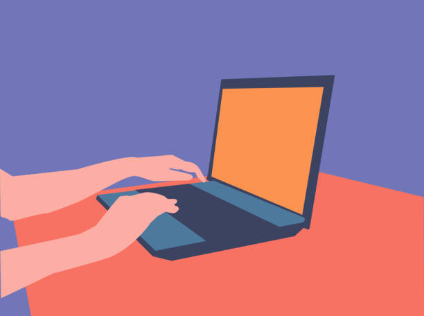 hands at work on a laptop keyboard. hands at work on a laptop keyboard. colorful vector illustration typing on computer keyboard stock illustrations