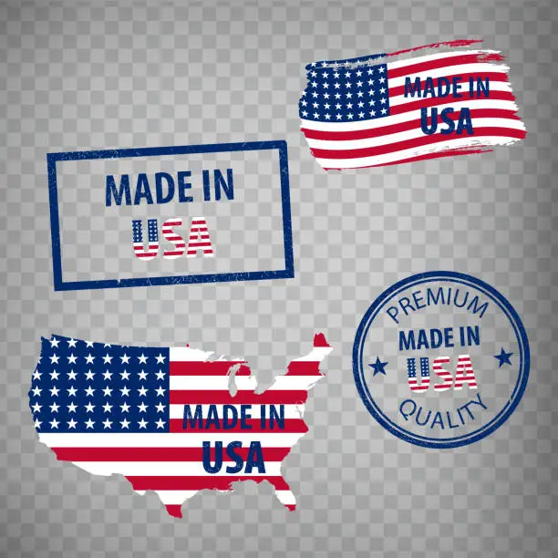 Vector illustration of Made in the USA rubber stamps icon isolated on transparent background. Manufactured or Produced in United States of America.  Set of grunge rubber stamps. EPS10.