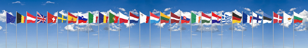 Silk waving 28 flags of countries of European Union. Blue sky background. 3D illustration.
