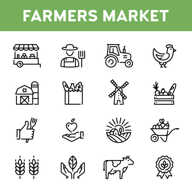 ilustraciones, imágenes clip art, dibujos animados e iconos de stock de vector mercado de productores icono conjunto - farm farmer vegetable field