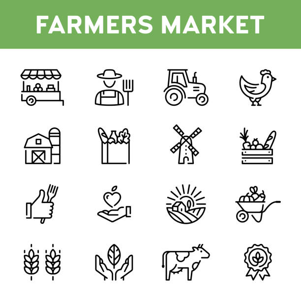 illustrazioni stock, clip art, cartoni animati e icone di tendenza di set di icone del mercato dei coltivatori vettoriali - agricoltura