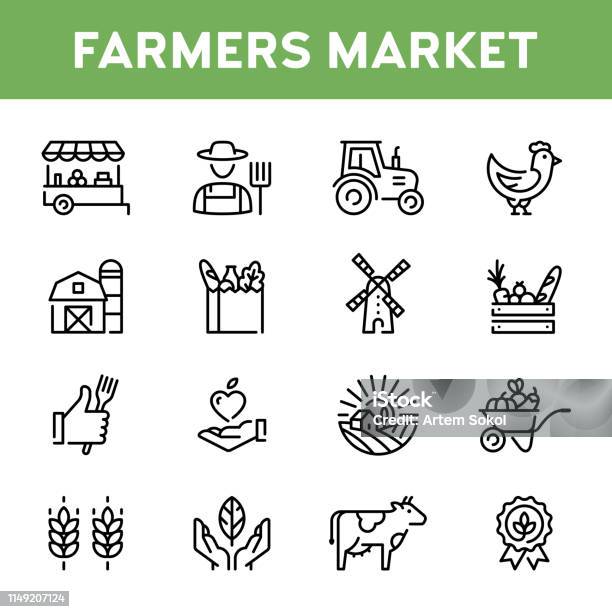 Vector Boerenmarkt Icon Set Stockvectorkunst en meer beelden van Pictogram - Pictogram, Landbouw, Boer - Agrarisch beroep