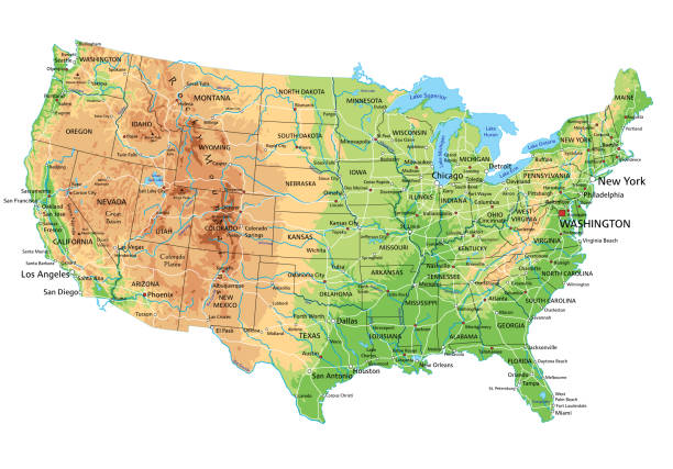 High detailed United States of America physical map with labeling. High detailed United States of America physical map with labeling. Organized vector illustration on seprated layers. texas road stock illustrations