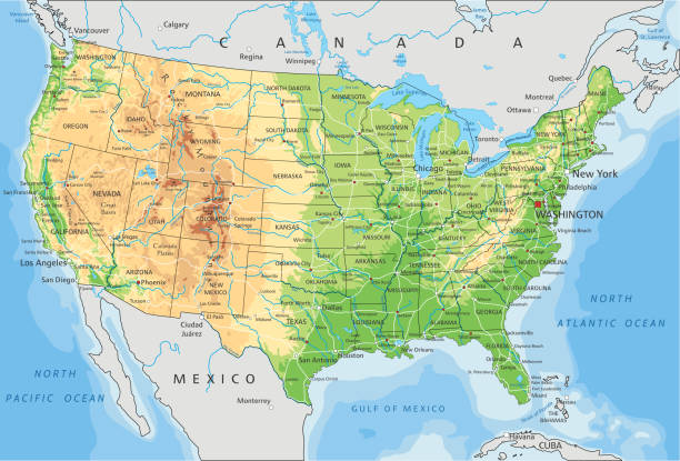 ilustrações de stock, clip art, desenhos animados e ícones de high detailed united states of america physical map with labeling. - unites states of america