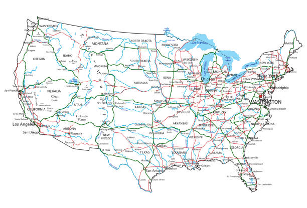ilustraciones, imágenes clip art, dibujos animados e iconos de stock de mapa de carreteras y autopistas de los estados unidos de américa. ilustración vectorial. - american interstate