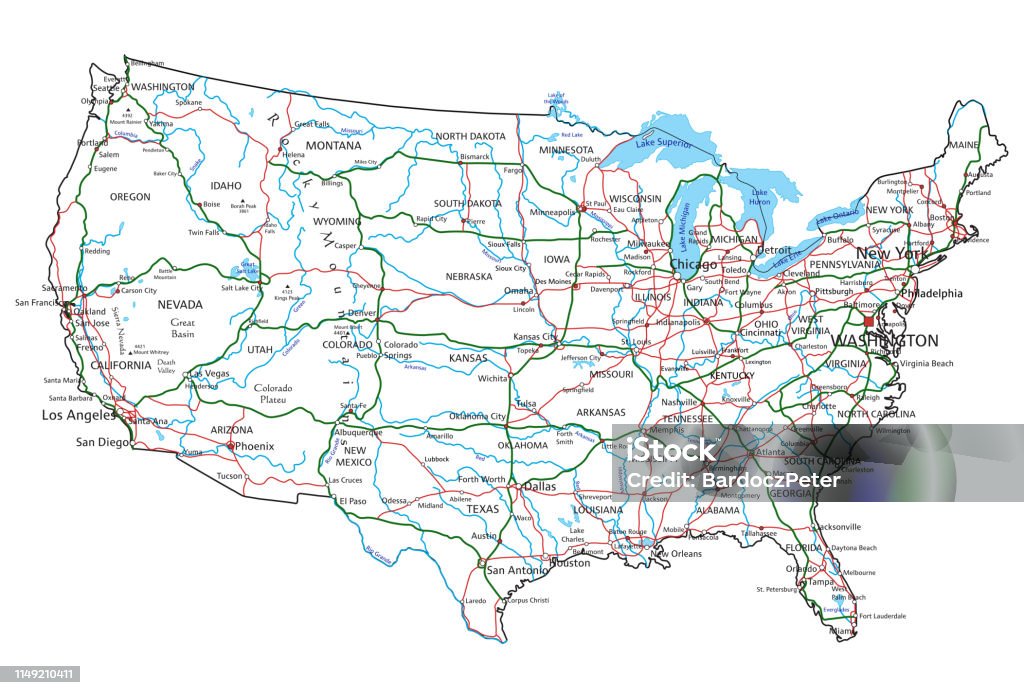 Amerika Birleşik Devletleri yol ve karayolu haritası. Vektör Illustration. - Royalty-free Harita Vector Art