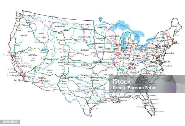 Amerika Birleşik Devletleri Yol Ve Karayolu Haritası Vektör Illustration Stok Vektör Sanatı & Harita‘nin Daha Fazla Görseli