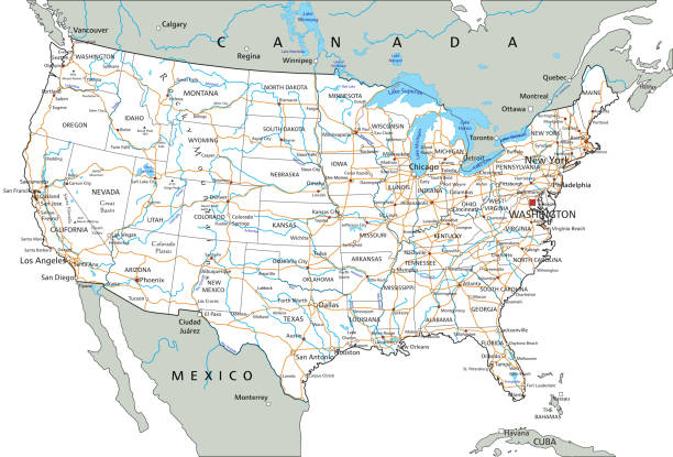 ラベリングを持つ高詳細なアメリカの道路地図。 - washington state state map outline点のイラスト素材／クリップアート素材／マンガ素材／アイコン素材