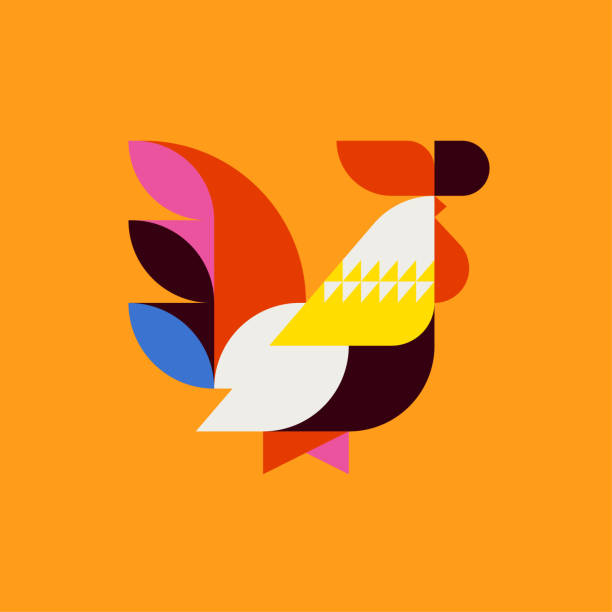 ilustrações de stock, clip art, desenhos animados e ícones de silhouette of multicolor patterned rooster. modern flat vector logo mark template or icon of cock - frango ilustrações