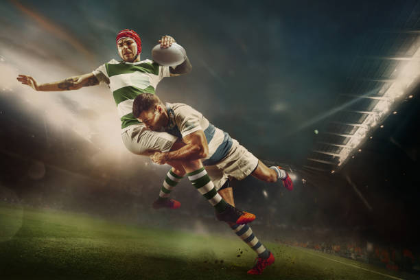 one caucasian rugby male player in action - short cut imagens e fotografias de stock