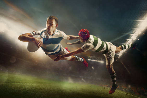 Rugby football man player holds ball. Sports banner. Horizontal copy space background