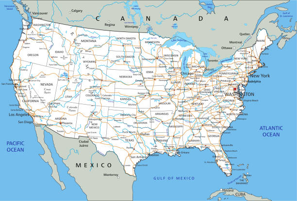 High detailed United States of America road map with labeling. High detailed United States of America road map with labeling. Organized vector illustration on seprated layers. texas road stock illustrations