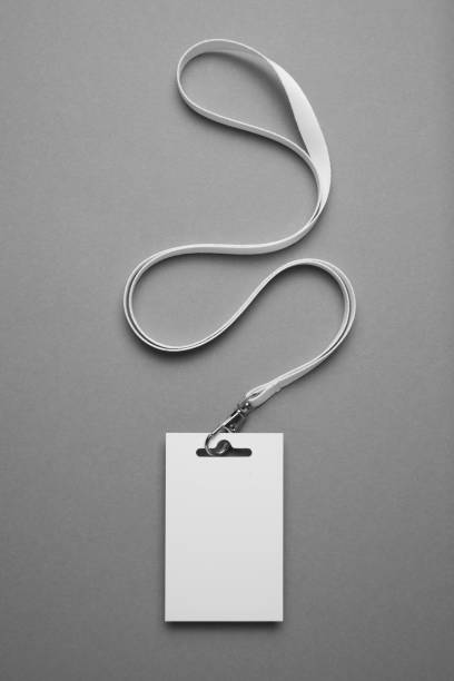 istock Badge id mockup, name tag lanyard identification card on grey background 1149218935