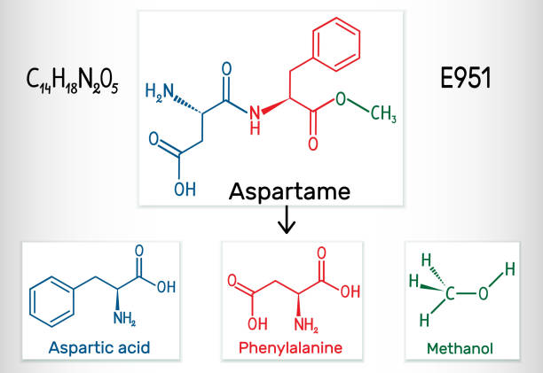Aspartame, aspartic acid, phenylalanine, methanol molecule. Sugar substitute and E951. Structural chemical formula Aspartame, aspartic acid, phenylalanine, methanol molecule. Sugar substitute and E951. Structural chemical formula. Vector illustration chemical formula for aspartame stock illustrations