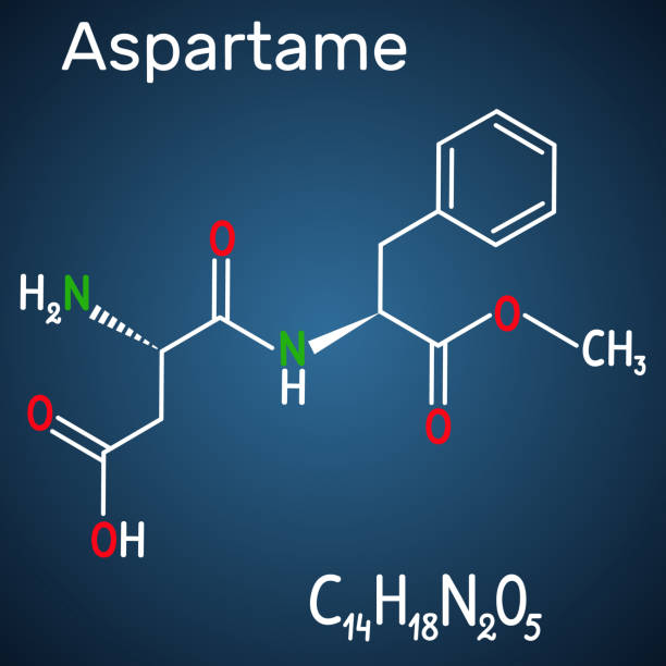 Aspartame, APM, molecule. Sugar substitute and E951. Structural chemical formula and molecule model on the dark blue background Aspartame, APM, molecule. Sugar substitute and E951. Structural chemical formula and molecule model on the dark blue background. Vector illustration chemical formula for aspartame stock illustrations
