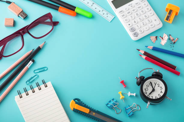 istock School stationery on blue background 1149224982