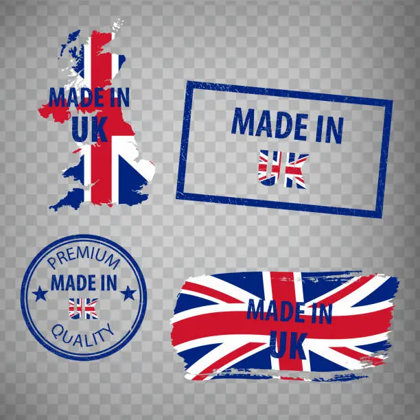 Vector illustration of Made in the UK rubber stamps icon isolated on transparent background. Manufactured or Produced in United Kingdom of Great Britain and North Ireland.  Set of grunge rubber stamps. EPS10.