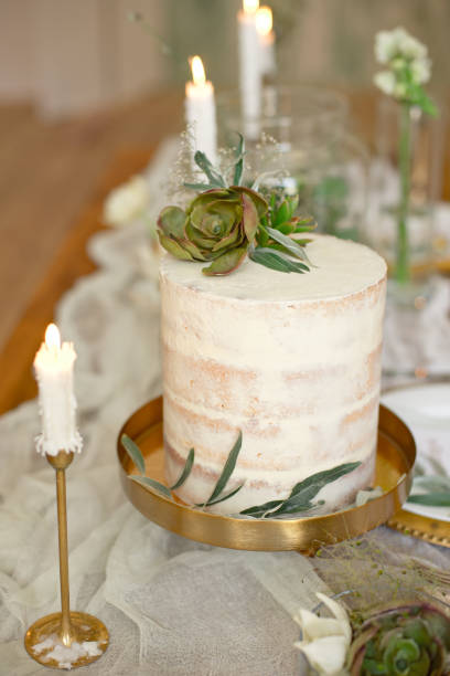 istock Elegant white wedding cake with flowers and succulents in boho style. Rustic Wedding Cake. 1149225576