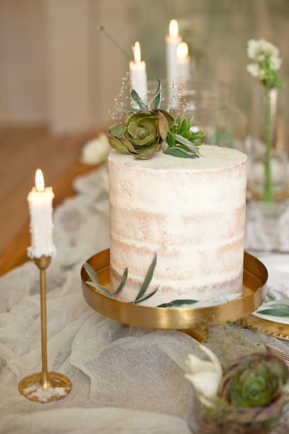 istock Elegant white wedding cake with flowers and succulents in boho style. Rustic Wedding Cake. 1149225585