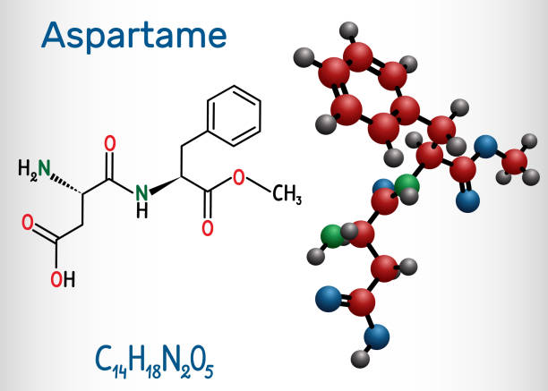 Aspartame, APM, molecule. Sugar substitute and E951. Structural chemical formula and molecule model Aspartame, APM, molecule. Sugar substitute and E951. Structural chemical formula and molecule model. Vector illustration chemical formula for aspartame stock illustrations