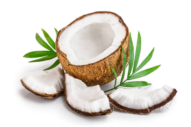 istock half of coconut with leaves isolated on white background 1149227257