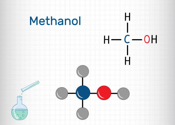Methanol, methyl alcohol, molecule. Sugar substitute and E951. Structural chemical formula and molecule model Methanol, methyl alcohol, molecule. Sugar substitute and E951. Structural chemical formula and molecule model. Sheet of paper in a cage. chemical formula for aspartame stock illustrations