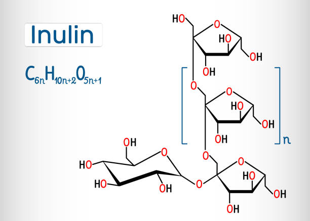 ilustraciones, imágenes clip art, dibujos animados e iconos de stock de molécula de inulina. fórmula química estructural y modelo de molécula - inulin