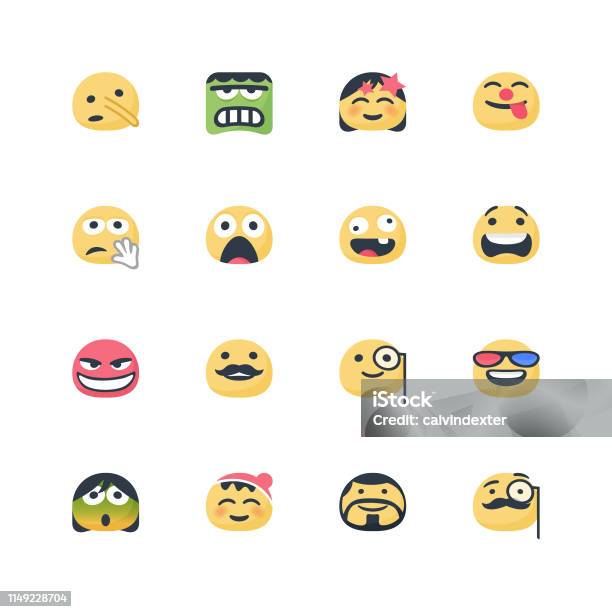 Emoticons Chubby Cartoon Flat Color Stock Illustration - Download Image Now - Anger, Anthropomorphic Smiley Face, Anxiety