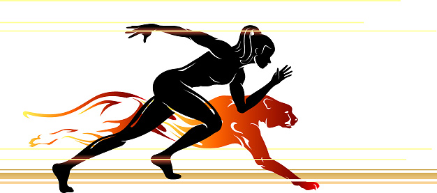 Isolated vector illustration of human female beside abstract flaming cheetah running.