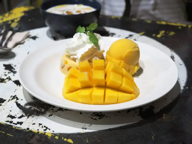 Photo of Yummy mango panna cotta and whipped cream with sliced fresh ripe mango and mango sorbet icecream.