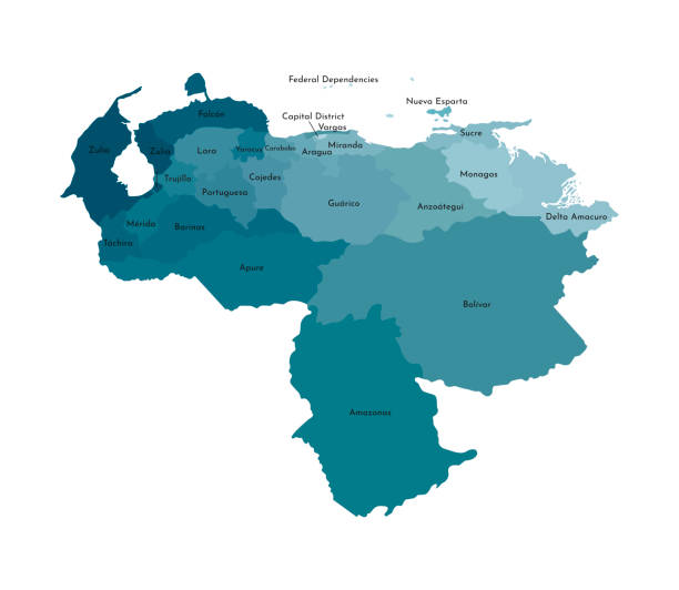 Vector isolated illustration of simplified administrative map of Venezuela. Borders and names of the regions. Colorful blue khaki silhouettes Vector isolated illustration of simplified administrative map of Venezuela. Borders and names of the regions. Colorful blue khaki silhouettes. delta amacuro stock illustrations