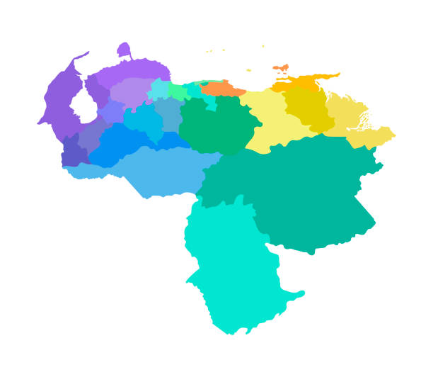 Vector isolated illustration of simplified administrative map of Venezuela. Borders of the regions. Multi colored silhouettes Vector isolated illustration of simplified administrative map of Venezuela. Borders of the regions. Multi colored silhouettes. delta amacuro stock illustrations
