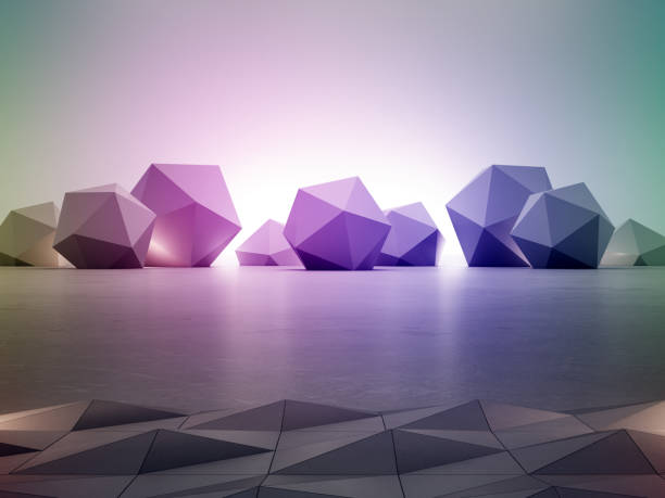 istock Rainbow geometric shapes on gray concrete floor with gradient wall background in hall or modern showroom. 1149230907
