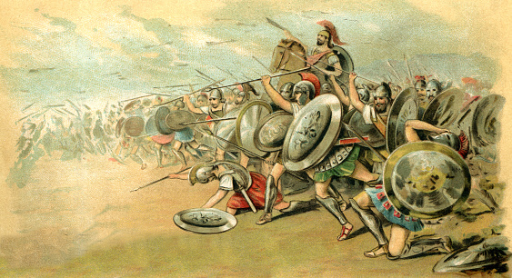 Steel engraving of Athenian in the battle of Marathon 490 BC.
The battle of Marathon is one of the epics of the ancient world. 9000 Athenian hoplites and their allies defeated the mighty Persian army of King Darius a mere 26 miles from Athens, saving Greece from invasion.
Original edition from my own archives
Source : 