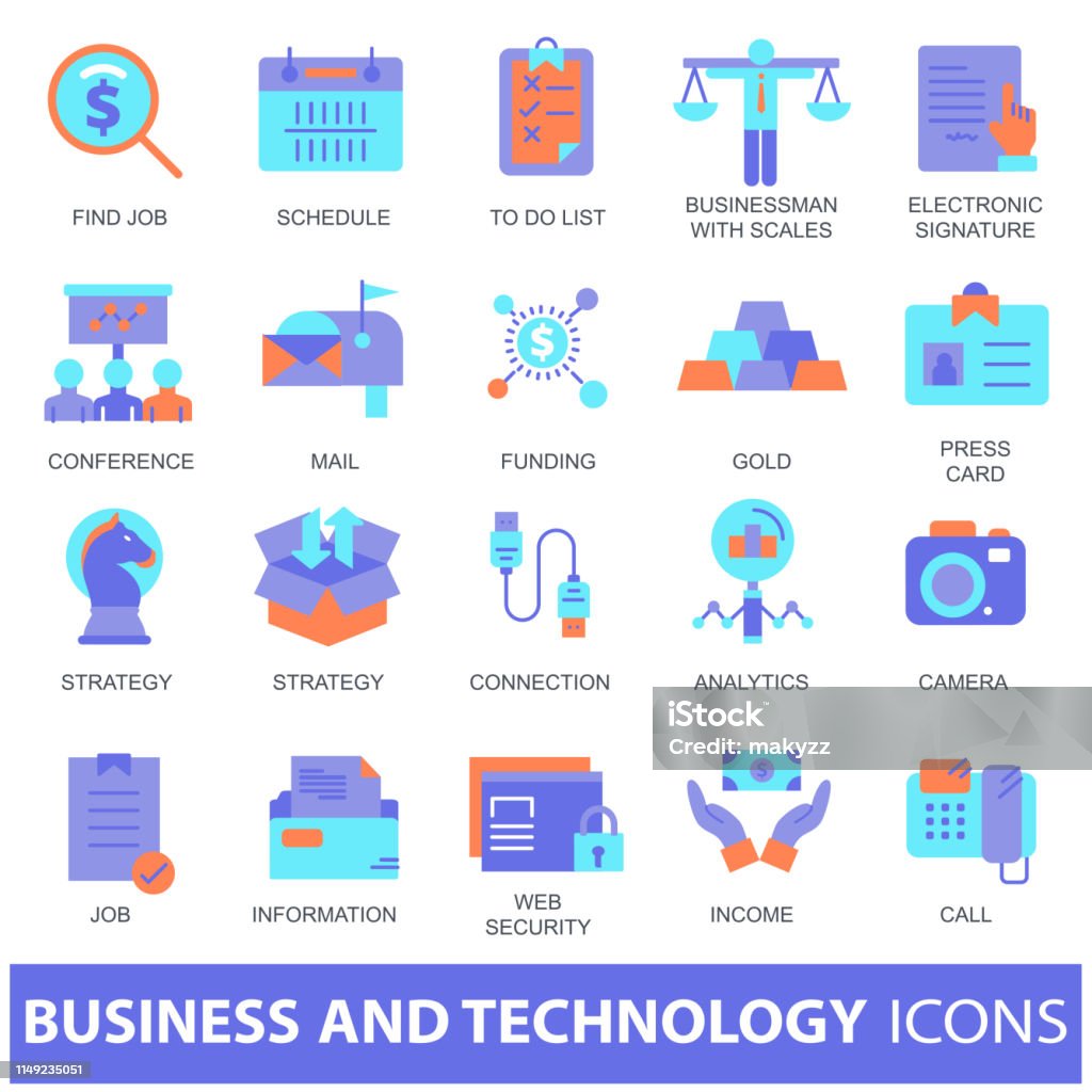 Colorful icon collection of business and technology for mobile applications and websites. Flat vector illustration Greeting Card stock vector