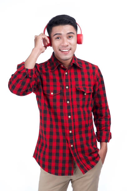 istock Asian young attractive handsome man in red checked shirt, isolated on white background 1149235902