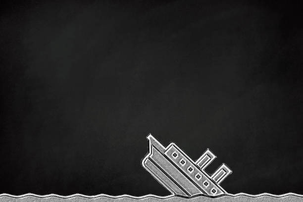 Illustration of Ship Sinking on blackboard Chalk Sketch of ship sinking in water on blackboard sinking ship images stock illustrations