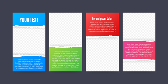 Stories template for social media with colored torn paper editable on transparent background. Vector illustration.