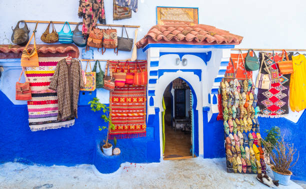 Souvenirs market on street Marrakech, Morocco - May 03, 2019: Souvenirs market on street in Chefchaouen, Morocco, North Africa chefchaouen photos stock pictures, royalty-free photos & images