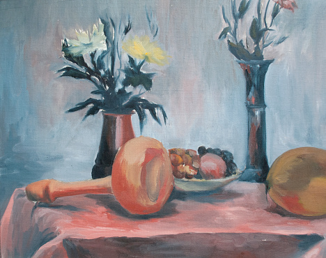 oil still life with flowers and vegetables