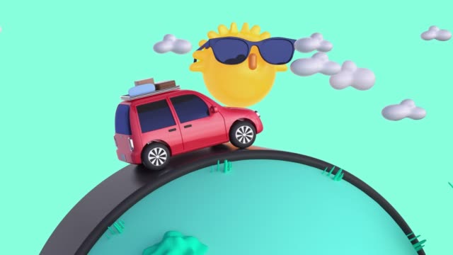 red car travel/driving transportation nature landscape cartoon style 3d rendering motion vacation summer concept