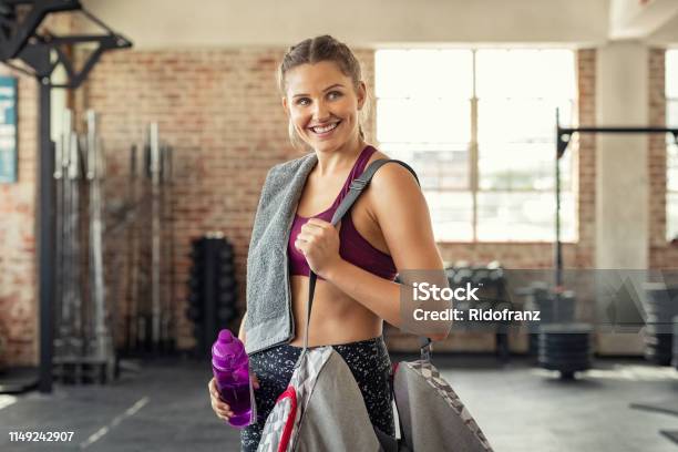 Fitness Woman With Bag At Gym Stock Photo - Download Image Now - Women, Gym Bag, Gym