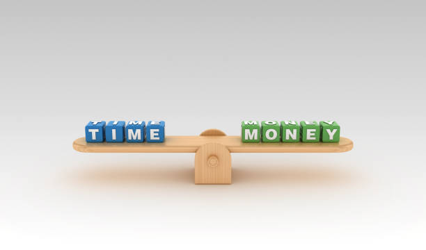 istock Seesaw with TIME MONEY Buzzword Cubes - 3D Rendering 1149243976