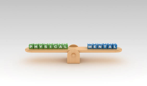 seesaw with physical mental buzzword cubes - 3d rendering - buzzword imagens e fotografias de stock